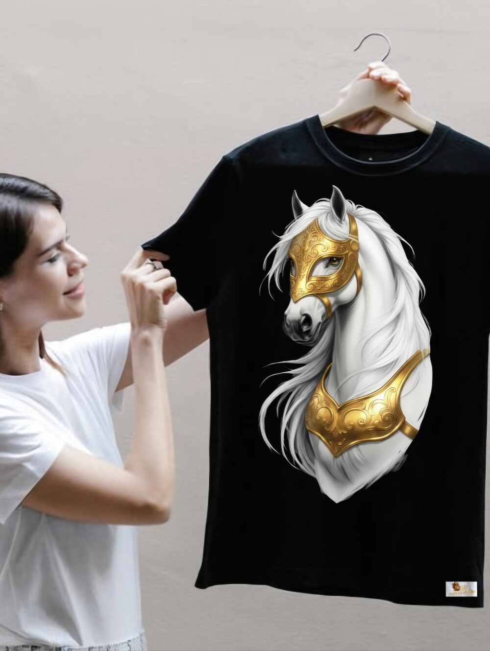 Luxury Black Royal White Stallion Golden Armor Graphic Tee - Size L